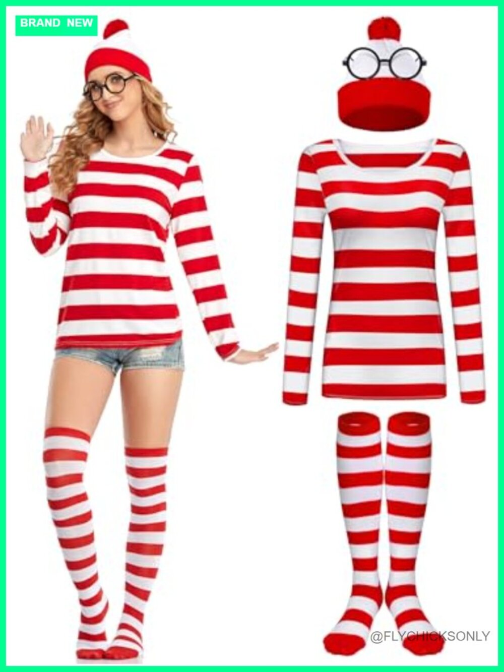 Halloween Costume Set - Striped Long Sleeve Top, Beanie, Socks, Glasses
